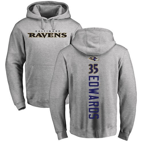 Men Baltimore Ravens Ash Gus Edwards Backer NFL Football #35 Pullover Hoodie Sweatshirt